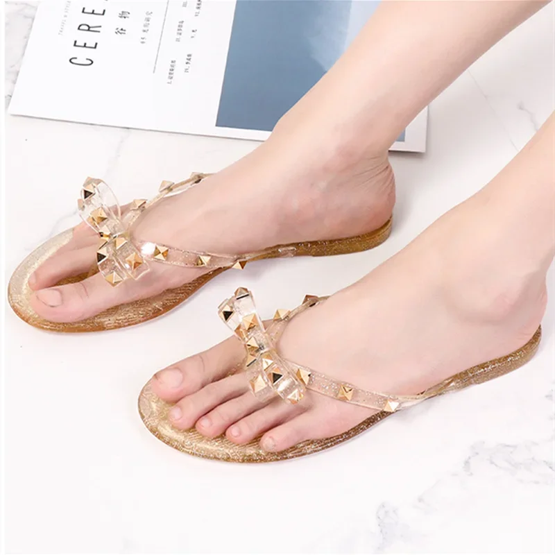 Women Low Pricing  Jelly Shoes Rivets Studs Bow-Knot Leisure Daily Flip-Flops For Raining Days Anti-Slip Flat Slippers Zoris 36
