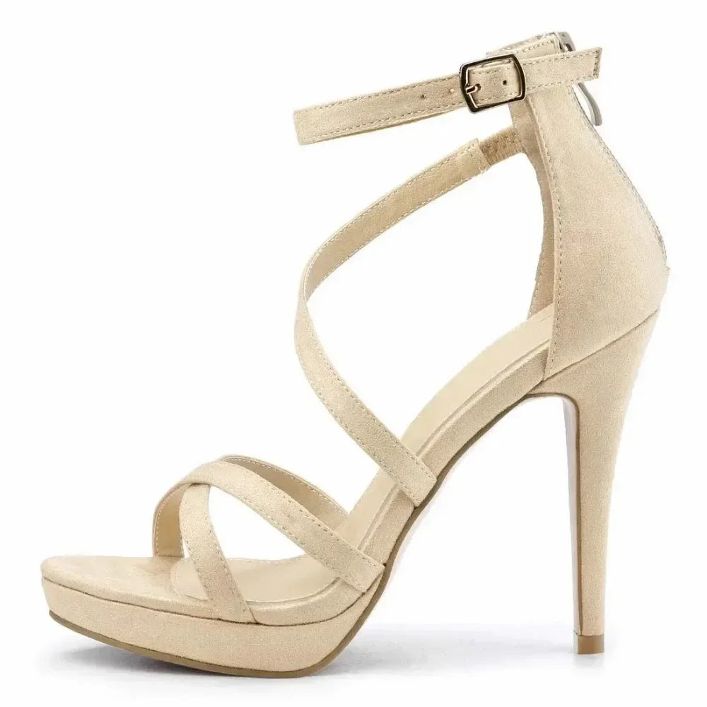 Women Sandals Summer Sexy Pumps 11cm Velvet Open Toe Ankle Strap Stiletto Strappy High Heels Nightclub Party Wedding Dress Shoes