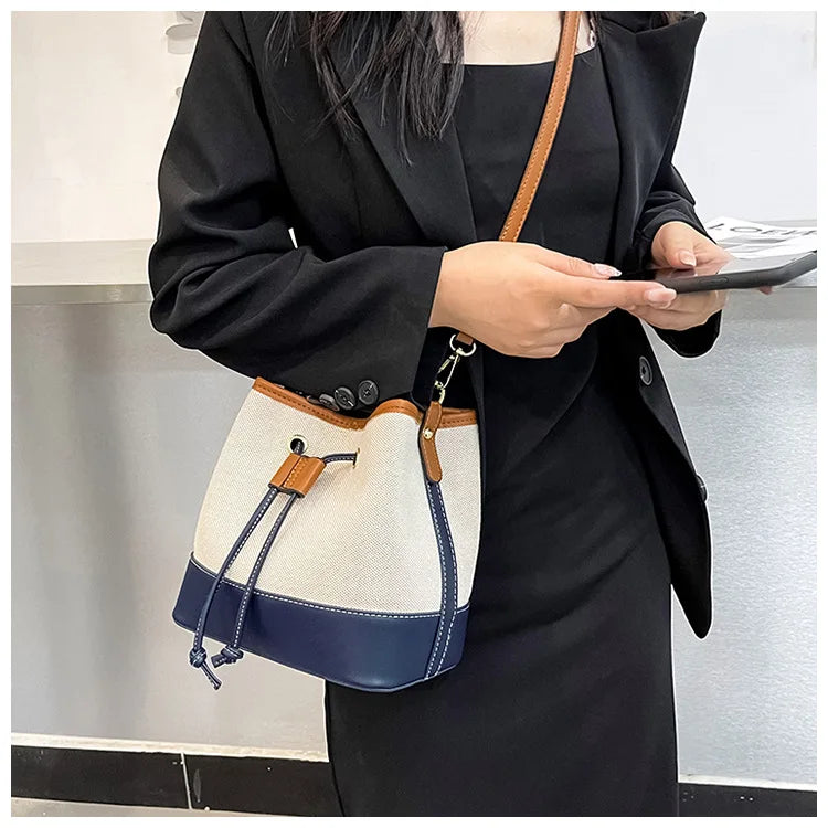 Canvas Bucket Bag Luxury Designer Handbags Women PU Shoulder Bag Fashion Crossbody Daily Commuting Tote Bag
