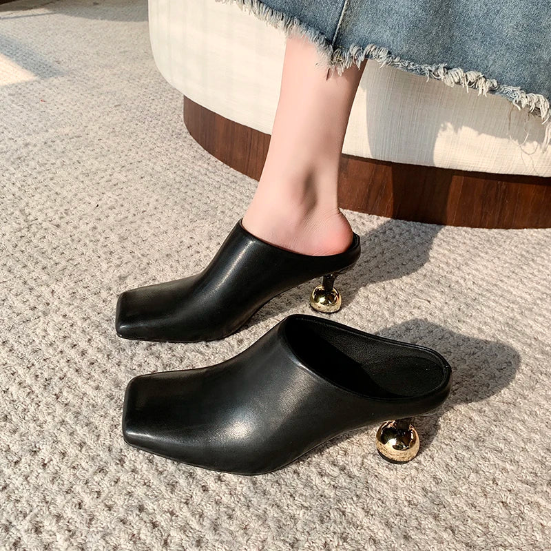 White Sheepskin Square Head Women's Slipper Baotou Textured Elegant Commuter Casual Simple Sense of Classic Wine Glass Heels New