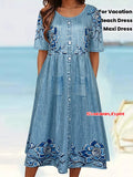 Women's Floral Print Faux Denim Midi Dress Summer Casual Print Button Front Print Pocket Short Sleeve Boho Sundress