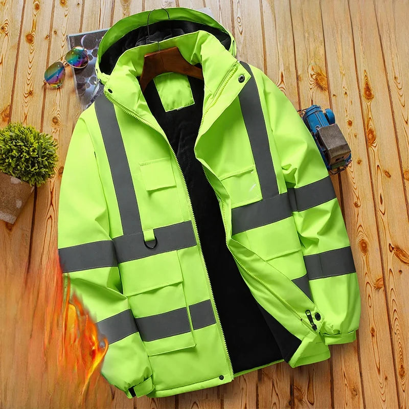 Thiened Fce Workwear Jaet ex Warm Windproof Reflective Cotton Coat Men's Casual Sle Removable Hat Zipper Closure