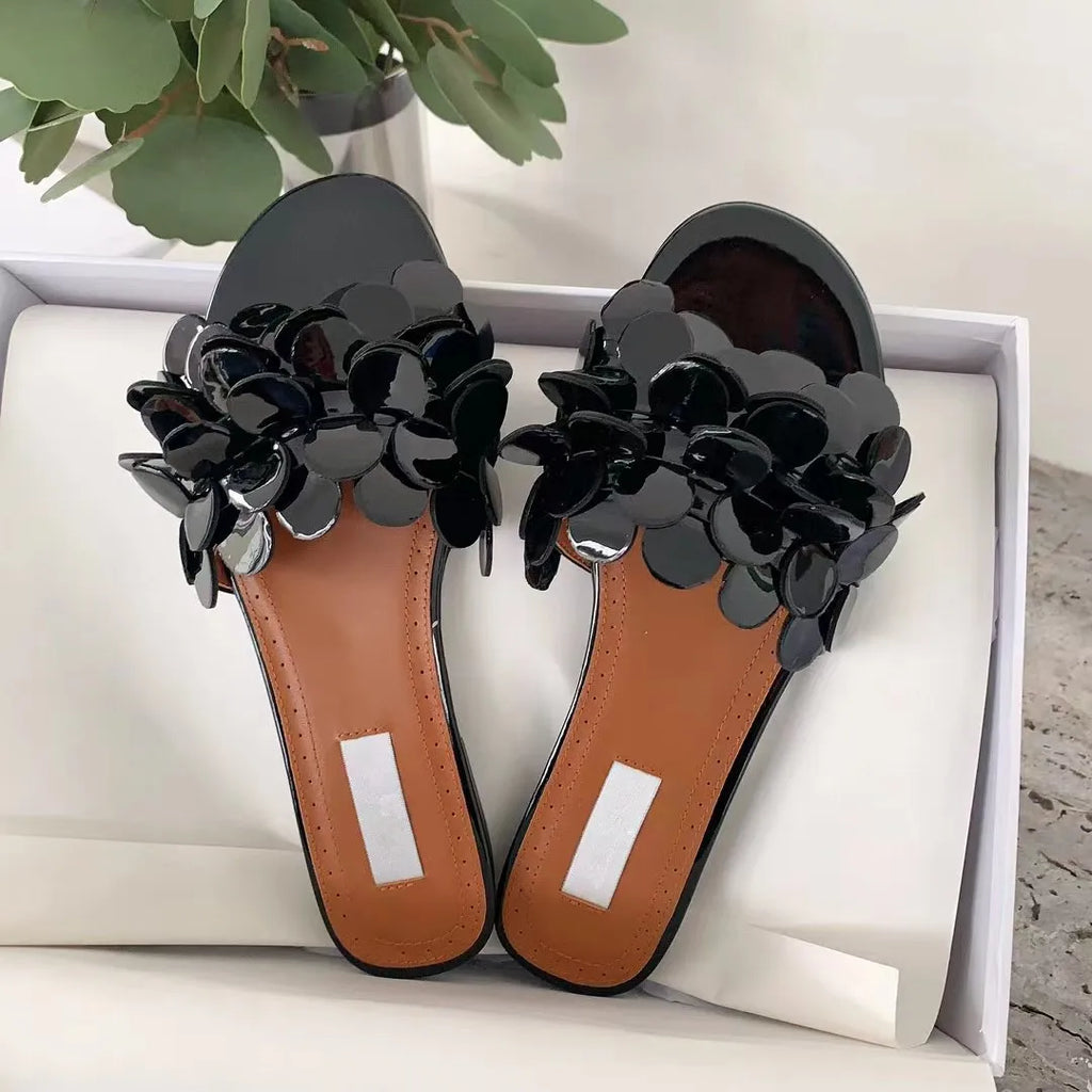 Flower Genuine Leather Flat Bottom Cool Slippers for Women's Casual Versatile One line Dragging Style Vacation Outerwear Beach S