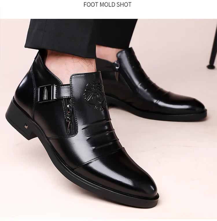 Men's Pointed Toe Dress Shoes Double Side Zippers Business Casual Low Top Boots Comfortable Formal Leather Shoes for Work Office