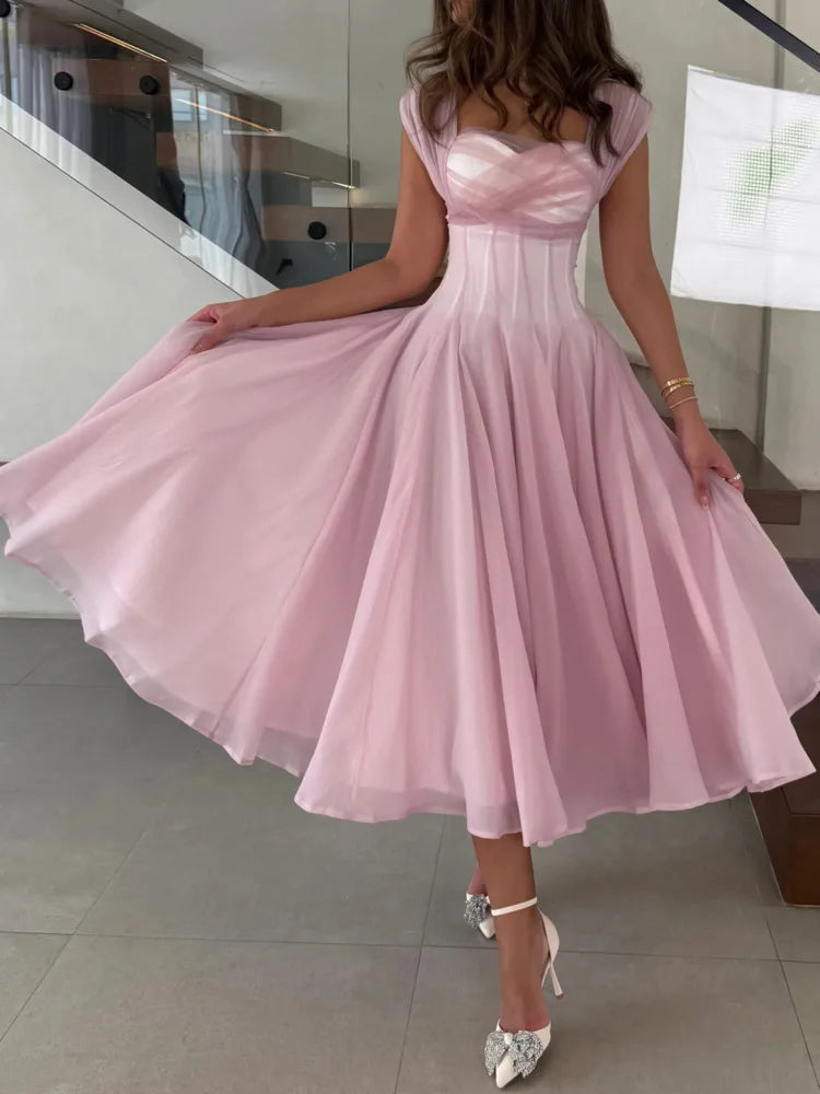 DEAT Elegant Dress Strapless Gauze High Waist Pleated A-line Big Swing Women's Evening Party Dresses 2026 Spring New 35Z2614