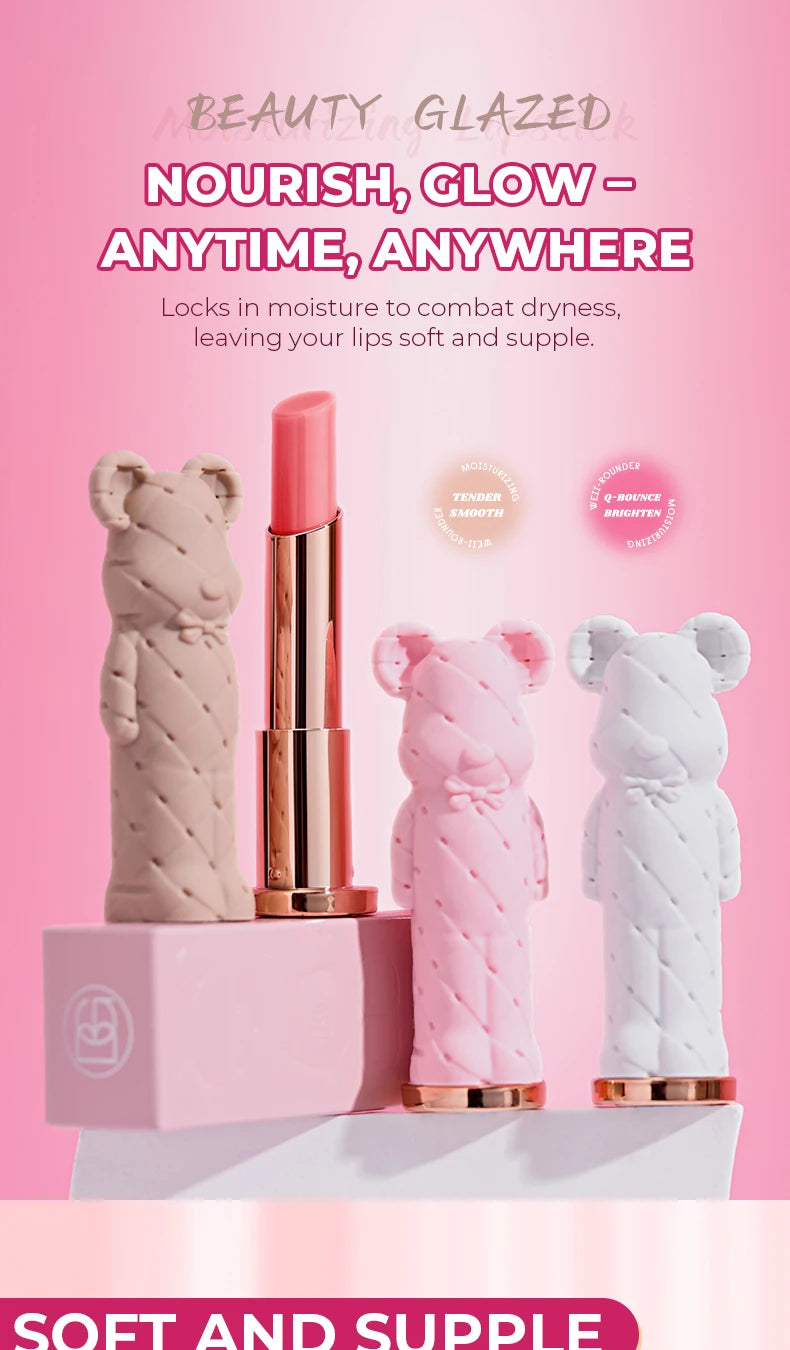 BEAUTY GLAZED Pink Bear Long Lasting Moisturizing Waterproof Natural Lip Balm Natural Formula Repairs Dry Lips Makeup