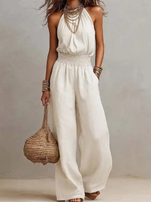 New Sleeveless Linen Backless Jumpsuit Women's Cross-Border Street Style Wide Leg Pants Long Trousers No Neck Label