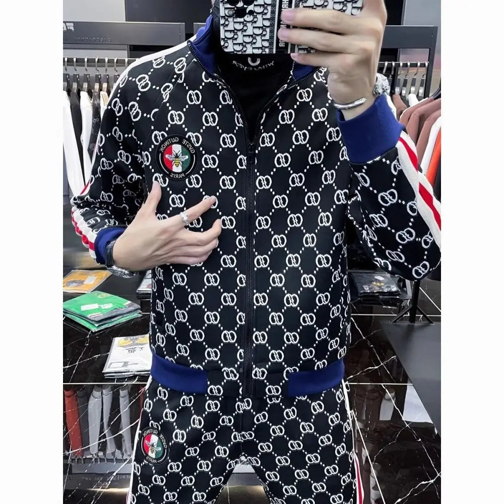 New spring and summer men's high-end sports and leisure trendy brand suit jacket sweater two-piece set large size men's