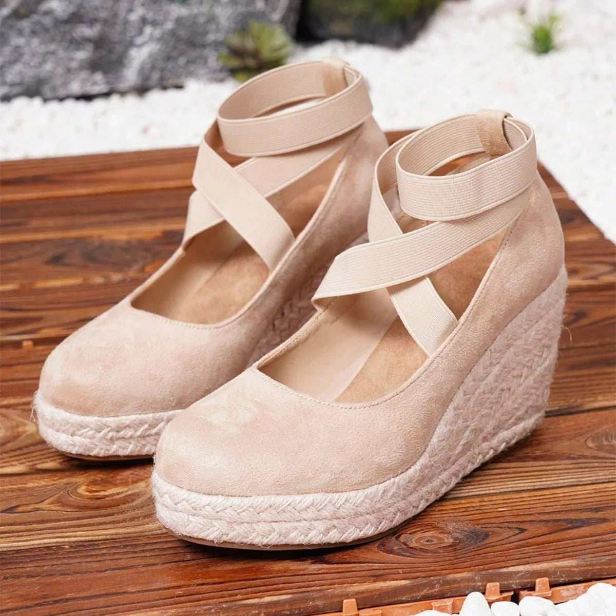 Women's Suede Espadrille Wedge Sandals Closed Toe Elastic Ankle Strap Platform Heels Casual Summer Wedge Shoes Beach Sandals
