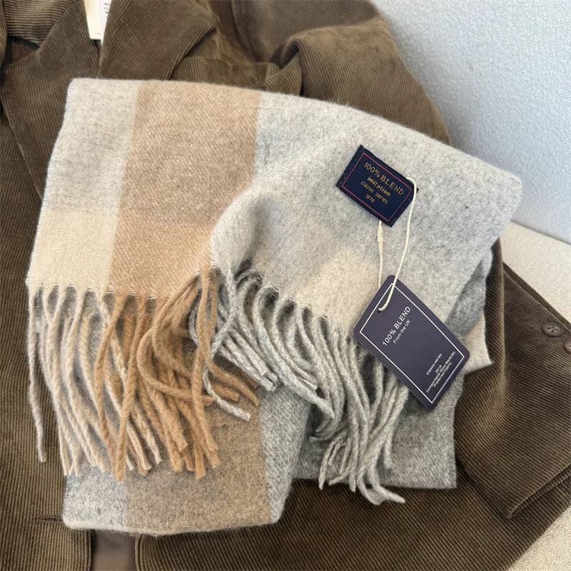 Faux Cashmere Plaid Scarf British Classic Style Light Luxury Unisex Warm Winter Autumn Neck Wrap for Couple