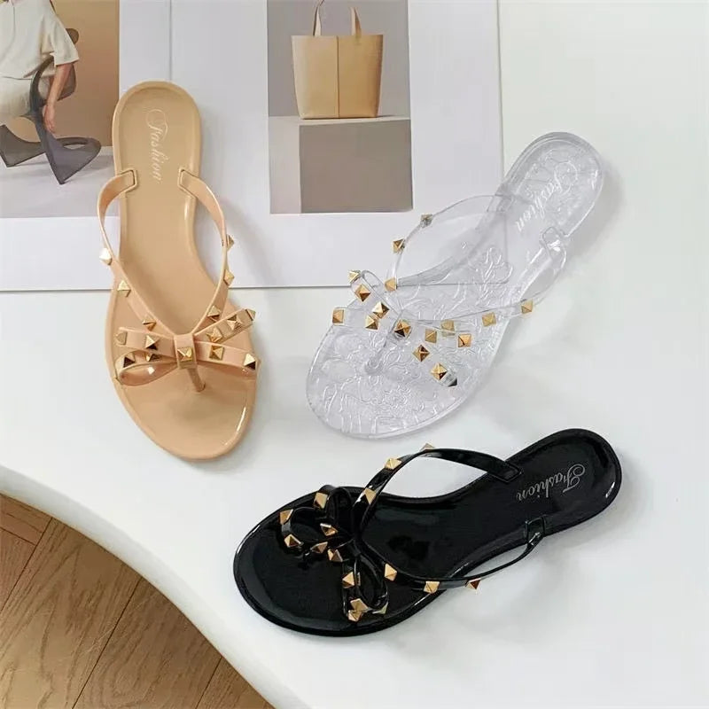 Summer Women Slippers Bow Flip Flops Rivet Flats Sandals Outdoor Transparent Crystal Beach Shoes Female Open Toe Shoes