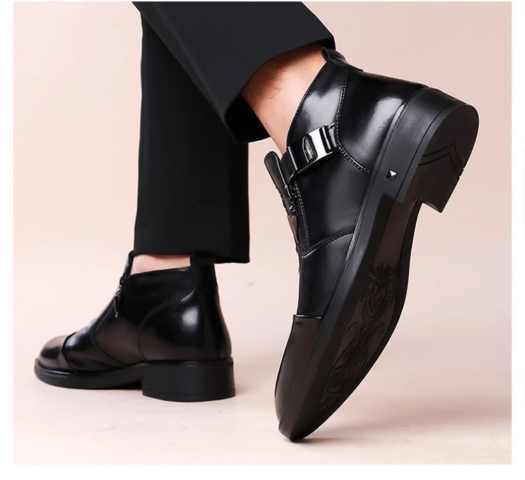 Men's Pointed Toe Dress Shoes Double Side Zippers Business Casual Low Top Boots Comfortable Formal Leather Shoes for Work Office
