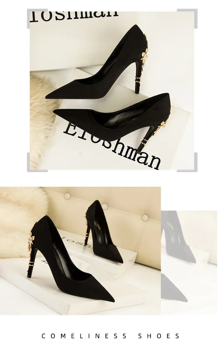 High End Metal Flower High Heels New European American Fashion Luxury Sexy Pointed Women's Shoes Banquet Party Casual Shoes
