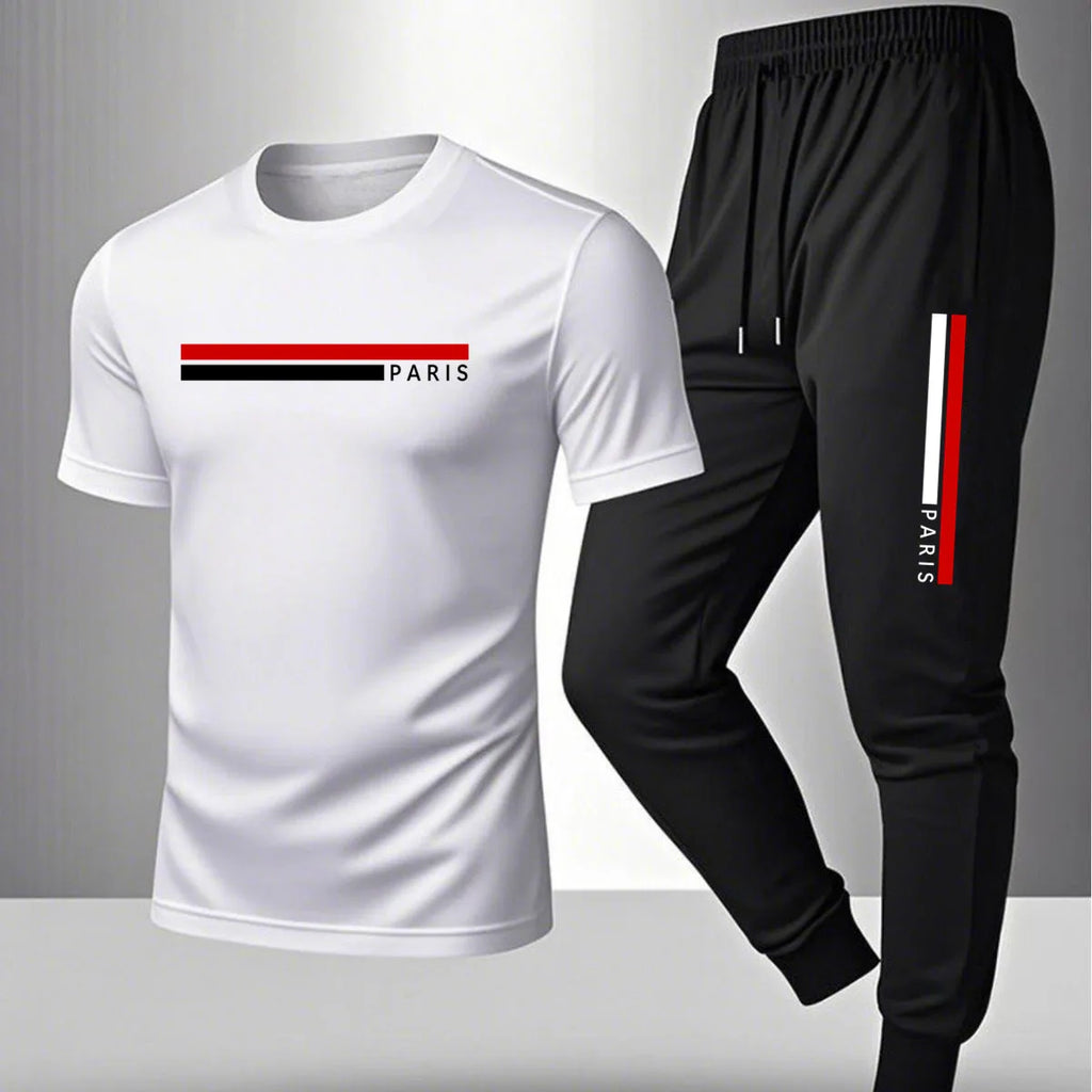 Men's casual sports outfit, printed round-neck short-sleeved T-shirt and long pants, suitable for outdoor wear.