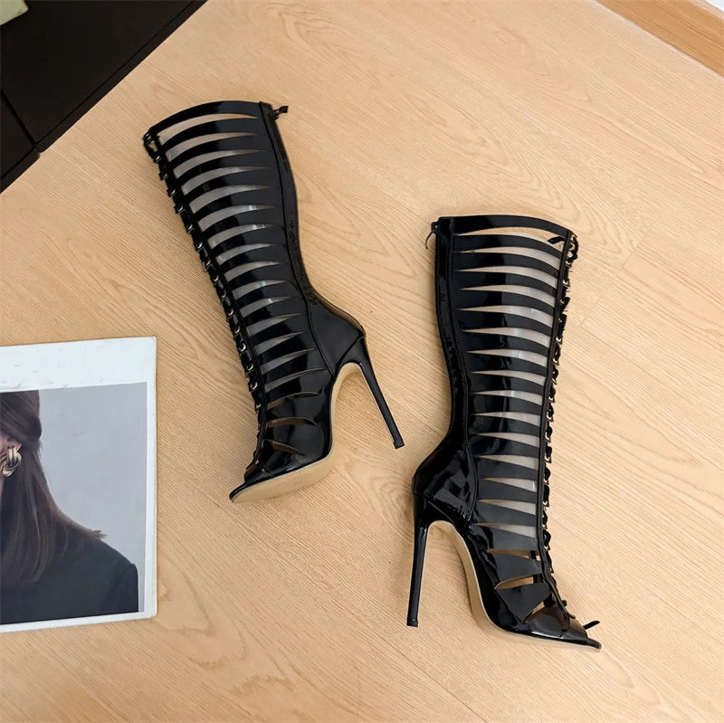 Liyke Fashion Hollow Out Cross Strap Knee High Boots Sandals Women Zip Sexy Peep Toe Stripper Heels Shoes Female Long Booties