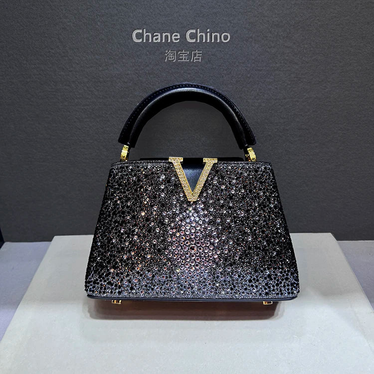 High Luxury Genuine Leather Diamonds Tote Women's Handbags 2025 Small Evening Bag V Letter Rhinestone Shoulder Crossbody Bags
