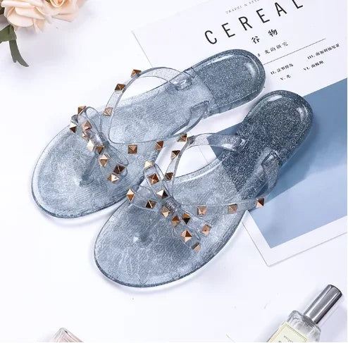 Women Low Pricing  Jelly Shoes Rivets Studs Bow-Knot Leisure Daily Flip-Flops For Raining Days Anti-Slip Flat Slippers Zoris 36