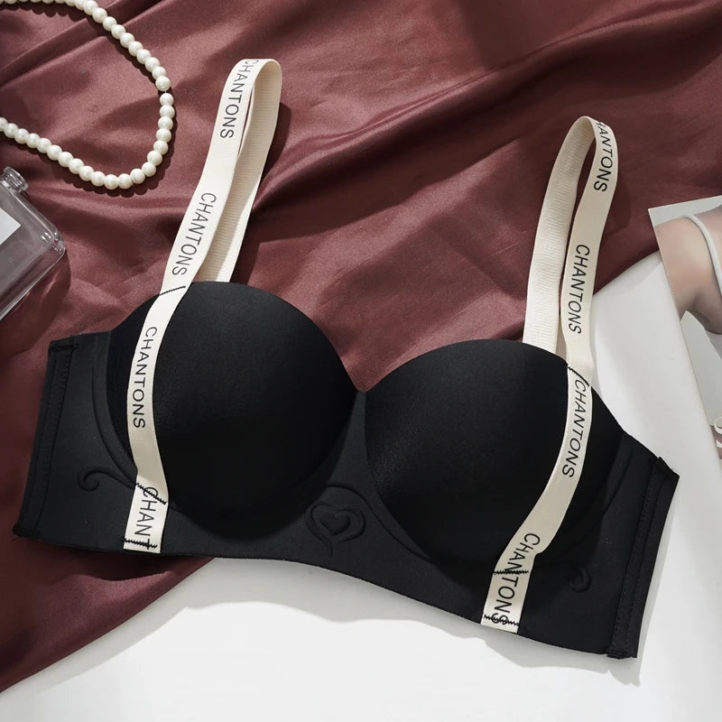 Seamless Letter Print Trendy Bras for Women Without Steel Rings Underwear Push Up Anti-Slip Small Chest Bra Adjustable Straps