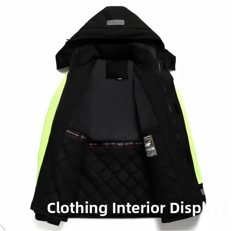 Thiened Fce Workwear Jaet ex Warm Windproof Reflective Cotton Coat Men's Casual Sle Removable Hat Zipper Closure