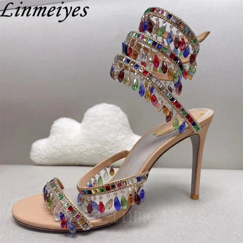 Summer High Heels Sandals Women Rhinestone String Bead Ankle Snake Twine Around Wedding Shoes Lady Gladiator Sandals Woman