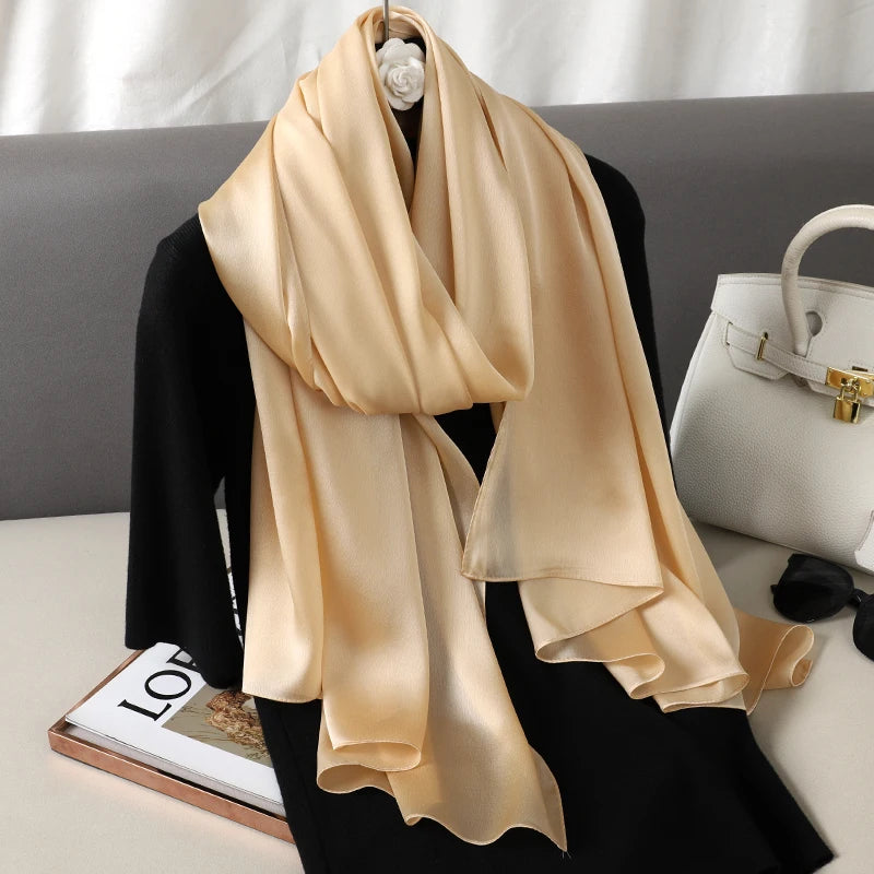 2024 Luxury Brand Silk Scarf for Women Large Shawl Wrap Headband Solid Design Hijab Beach Stoles Female Foulard Echarpe Bandana