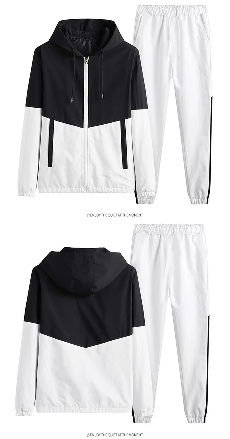 2026 New Men's Casual Sets Men Tracksuit Oversized Trend Patchwork Design Hooded Jacket+pants Two-pieces Men Running Sports Suit
