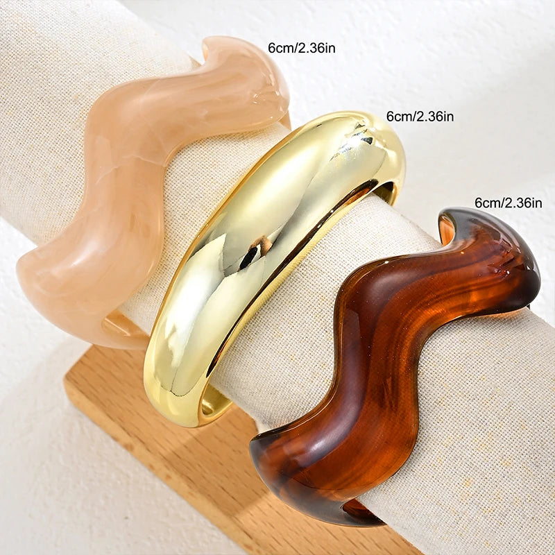 3 Pcs Irregular Wavy Resin Metal Bangle Set For Women Open Cuff Bracelets Bohemian Beach Vacation Stackable Trendy Jewelry Gifts