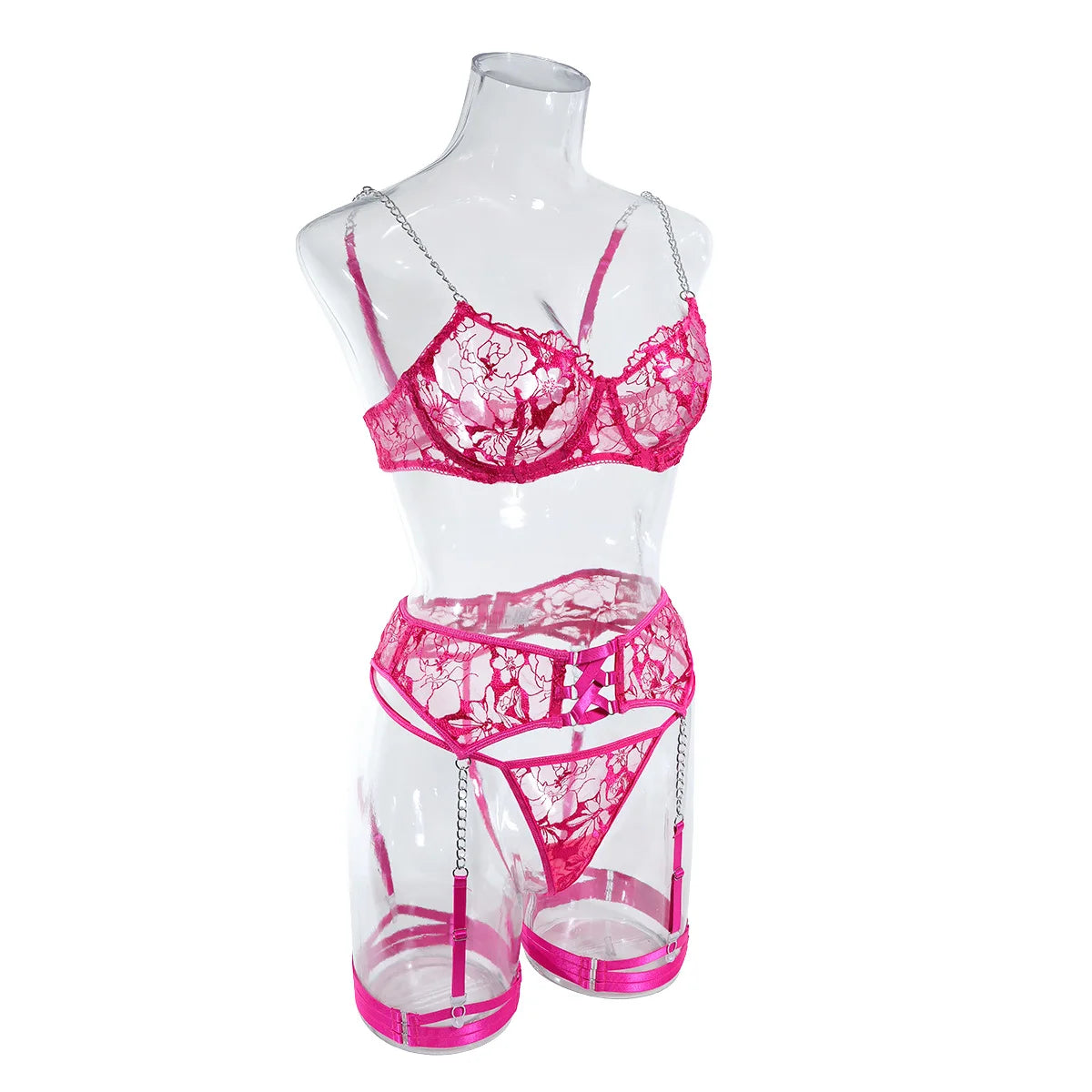 Fancy Floral Embroidery Lingerie Set Sexy Women Transparent Mesh Sheer Erotic Suit Metal Chain Bra Thong Garter Underwear Set