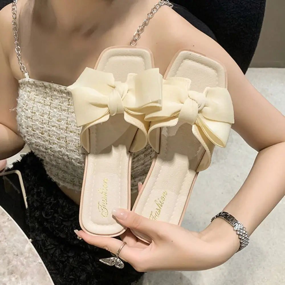 Casual Soft Sole Bowknot Slippers PVC Sweet Flat Slides Sandals Anti Slip Beachwear Slippers Women Summer