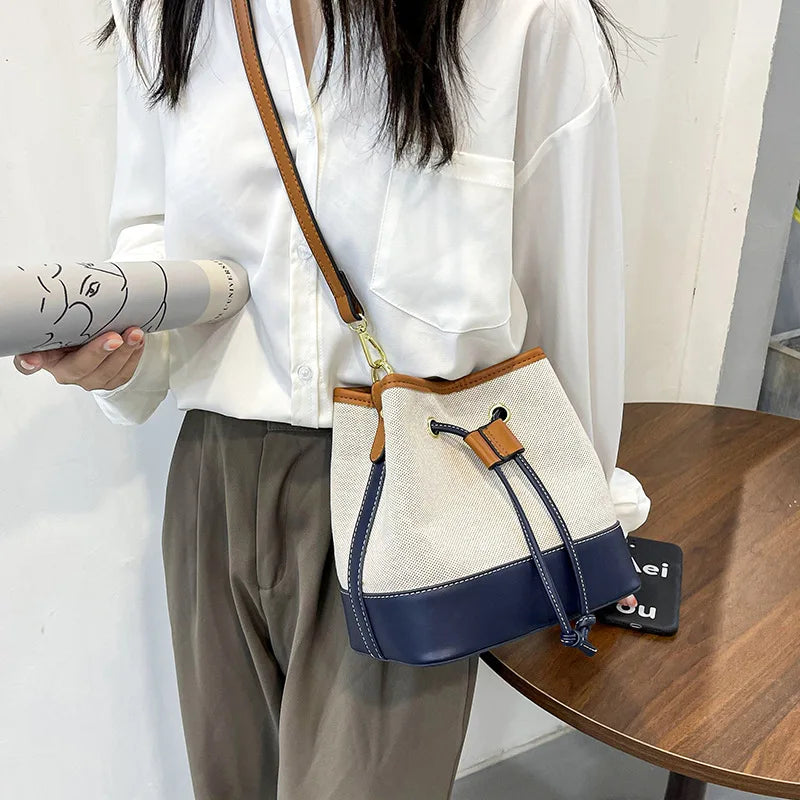 Canvas Bucket Bag Luxury Designer Handbags Women PU Shoulder Bag Fashion Crossbody Daily Commuting Tote Bag