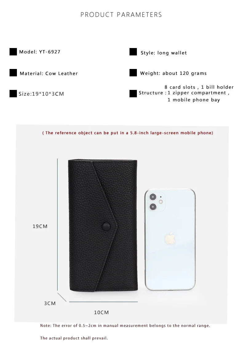 Ladies Genuine Leather Long Wallet Women's Large Capacity Clutch Wallet Envelope Multifunctional Mobile Phone Wallet Purse