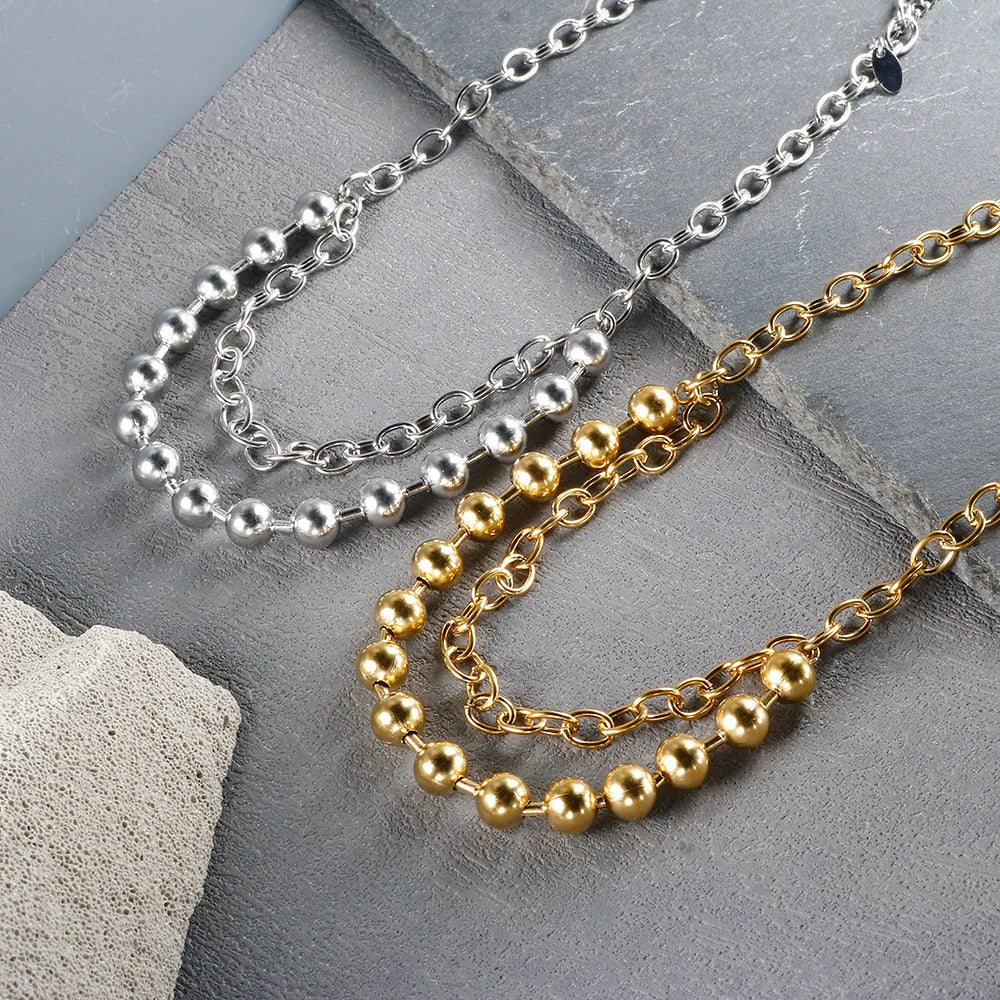 Stainless steel creative ball chain necklace for women, minimalist jewelry design with small round beads, stylish and modern.