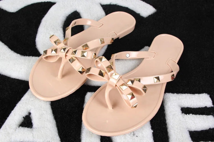 Ladies Leisure Waterproof Shoes Summer Zoris Slippers In Flats Clear Yellow Flip-Flops With Gold Stud Bow-Knot PVC Slides 36-42