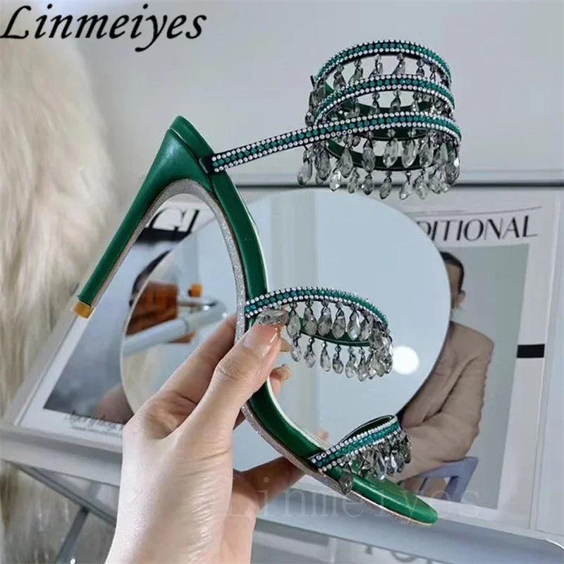 Summer High Heels Sandals Women Rhinestone String Bead Ankle Snake Twine Around Wedding Shoes Lady Gladiator Sandals Woman