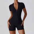 Women's Zipper Short-Sleeve Yoga Jumpsuit - Quick-Dry Breathable Tight Fitness Onesie for Gym Running Sportswear