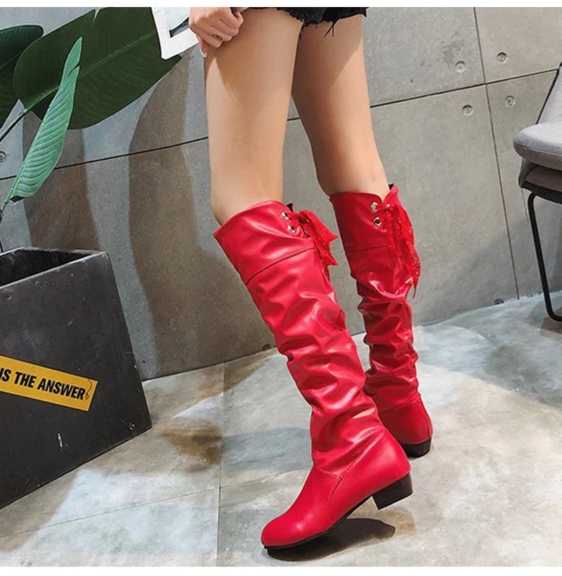 Shoes For Women  Knee High Boots Red Black White Tall Boots Woman Pleated Low Heel Casual Leather Female Long Shoes 2024