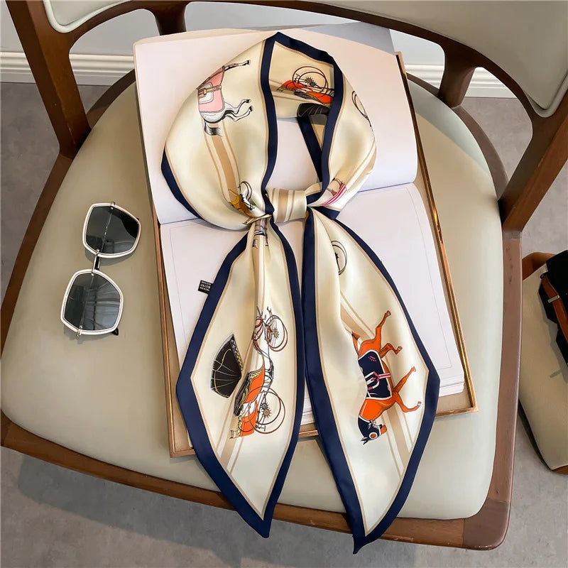 Horse carriage houndstooth decorated summer lightweight scarf fashionable long neckerchief women versatile slim bias-cut ribbon