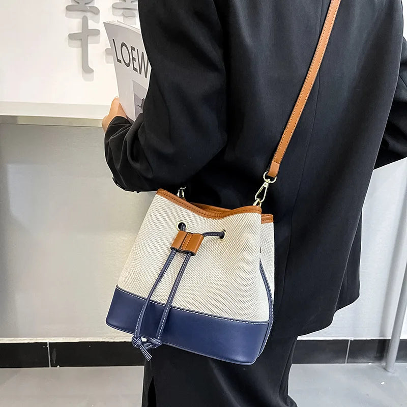 Canvas Bucket Bag Luxury Designer Handbags Women PU Shoulder Bag Fashion Crossbody Daily Commuting Tote Bag
