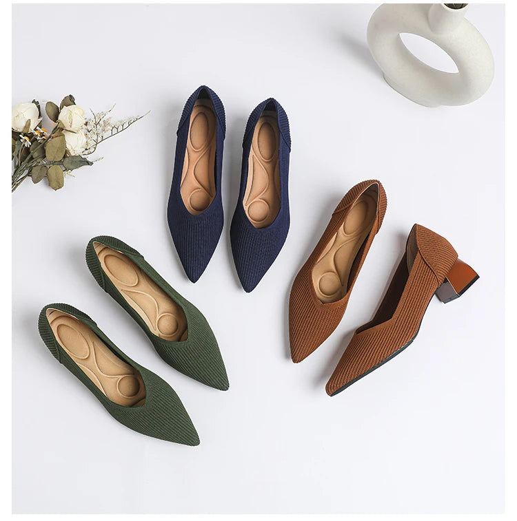 2026 New Women's High Heels Large 42/43 Fashion Pointed Anti slip Rubber Bottom Knitted Breathable Shoes