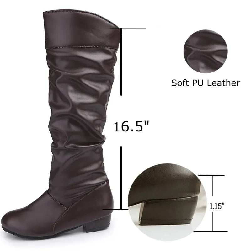 Quality Women's leather PU Knee High Boots Folding Slip on Winter High Boots Casual Low Heels White Black Long Slim Boots Ladies