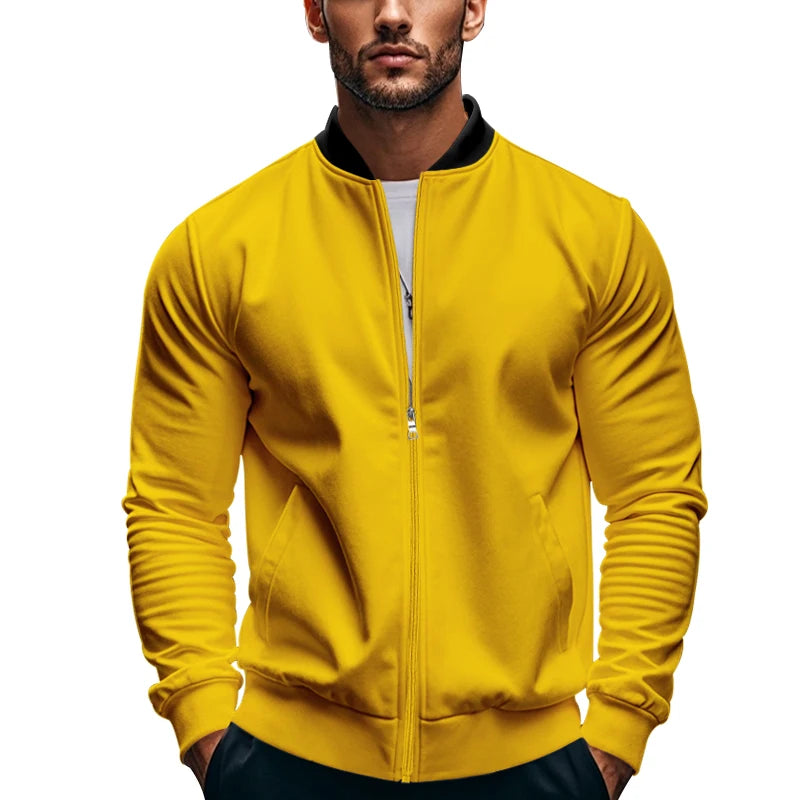 2024 New Spring And Autumn Men's Stand Collar Jacket Solid Color Leisure Sports Long Sleeve Zipper Coat Straight Tube Large Size