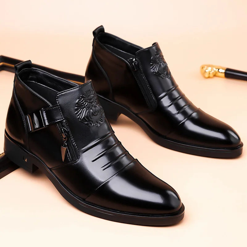 Men's Pointed Toe Dress Shoes Double Side Zippers Business Casual Low Top Boots Comfortable Formal Leather Shoes for Work Office