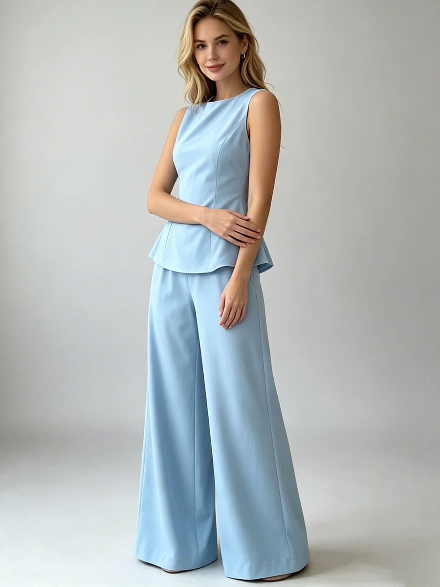 2026 Women Elegant Back Tie Sleeveless Peplum Top + Wide Leg Pants 2 Piece Casual Set