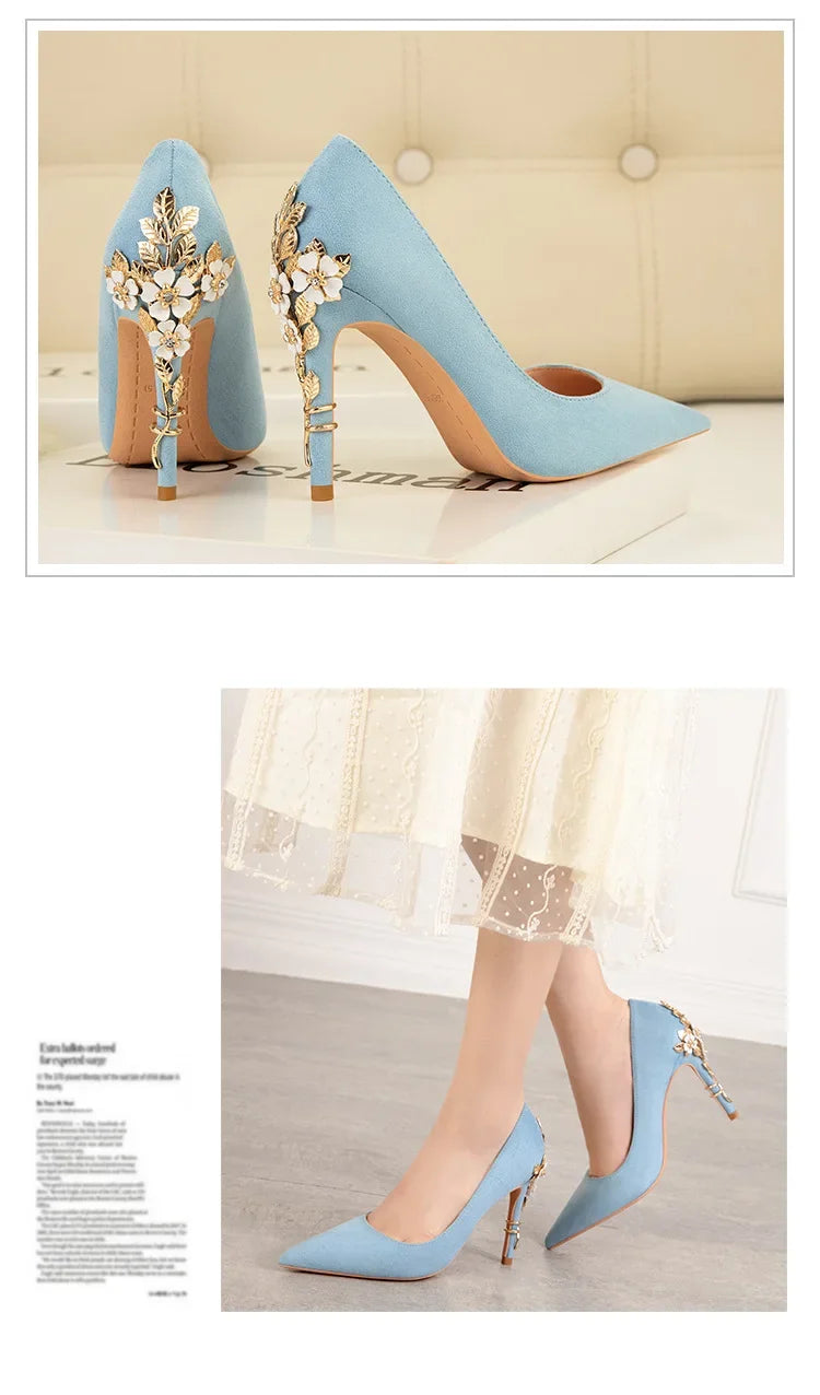 High End Metal Flower High Heels New European American Fashion Luxury Sexy Pointed Women's Shoes Banquet Party Casual Shoes