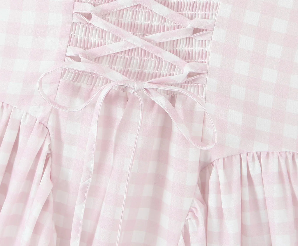 YENKYE Lace Up Bandage Plaid Sling Dress Women Elegant Square Neck Low Waist A-line Midi Summer Dresses Holiday Party Robe 2025
