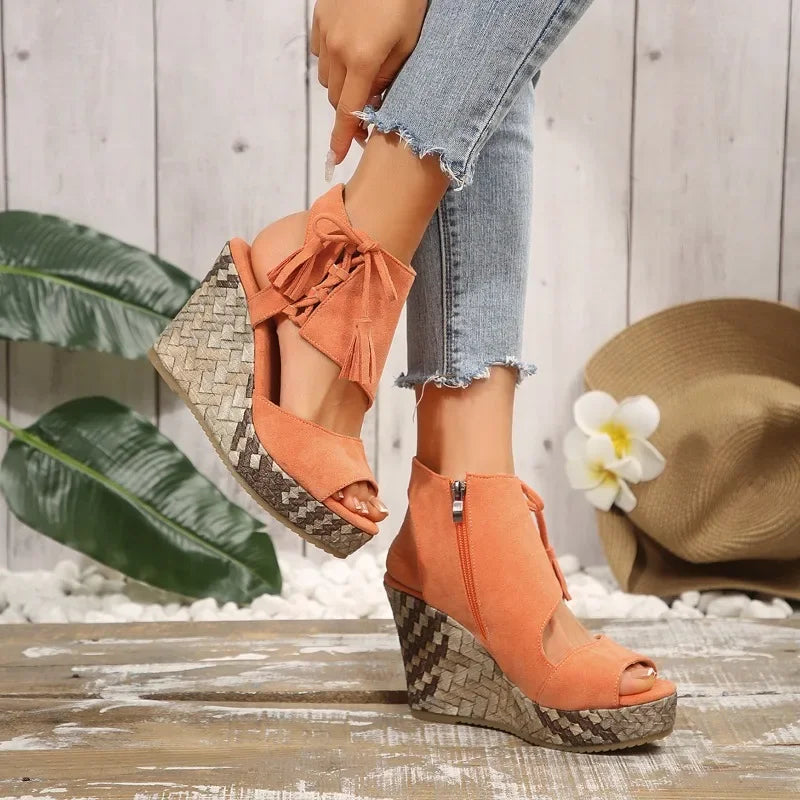 2025 Summer Suede Leather Women's Thicken High Heels Hollow Out Sandals Sexy Elegant Platform Wedges Open Toe Ladies Shoes