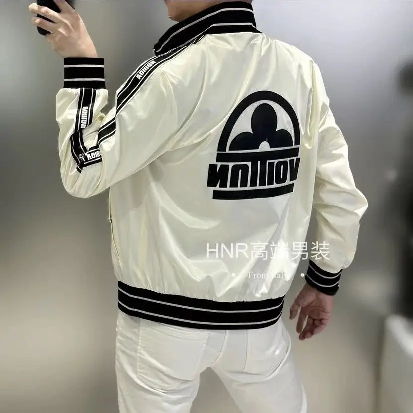 New men's stand-up neck webbing splicing letter printing pattern high quality trend casual versatile jacket