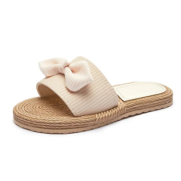Female Summer Slippers Artificial Straw Sole Shoes Lady Summer Indoor Flat with Flip Flops Stitching Floral Women Slippers