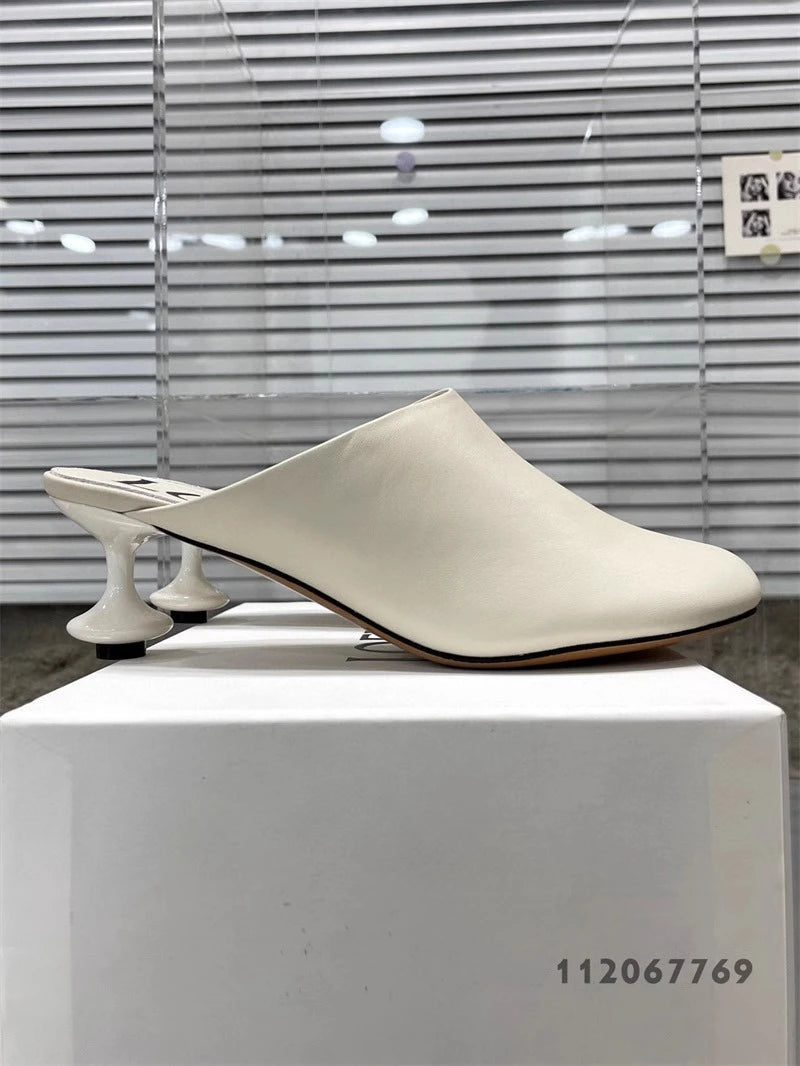 White Sheepskin Square Head Women's Slipper Baotou Textured Elegant Commuter Casual Simple Sense of Classic Wine Glass Heels New