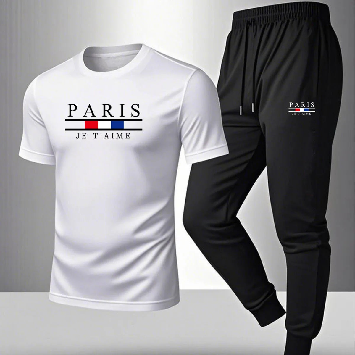 Men's casual sports outfit, printed round-neck short-sleeved T-shirt and long pants, suitable for outdoor wear.